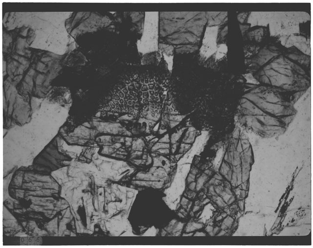 Black and white Thin Section close up photograph of Apollo 12 Sample(s) 12063,6 using cross nichols light.
