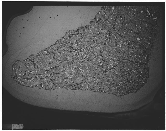 Black and white Thin Section photograph of Apollo 12 Sample(s) 12063,5 using transmitted light.
