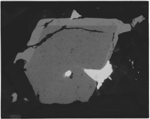 Black and white Thin Section photograph of Apollo 12 Sample(s) 12065,6 using cross nichols light.