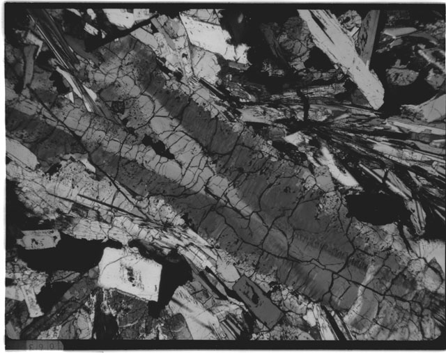 Black and white Thin Section photograph of Apollo 12 Sample(s) 12021,4 using cross Nichols light.