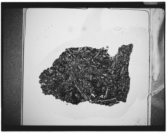 Black and white Thin Section photograph of Apollo 12 Sample(s) 12052 using cross nichols light.
