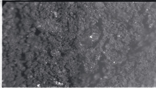 Black and white photograph of Apollo 11 Sample(s) 10010; Processing photograph displaying sample grain material.