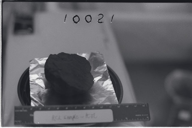 Black and white photograph of Apollo 11 Sample(s) 10021; Processing photograph displaying RCL.