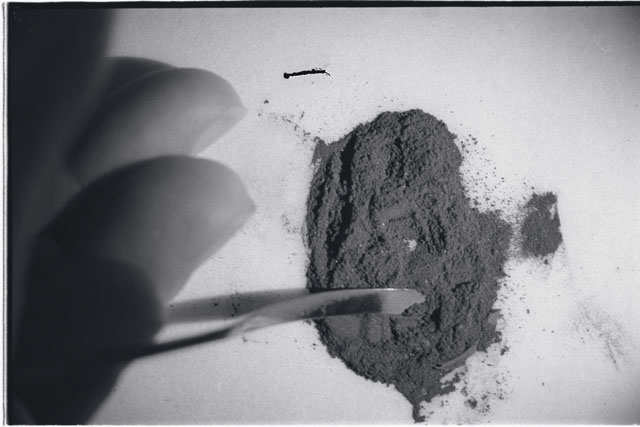 Black and white photograph of Apollo 11 Sample(s) 10010; Processing photograph displaying soil.