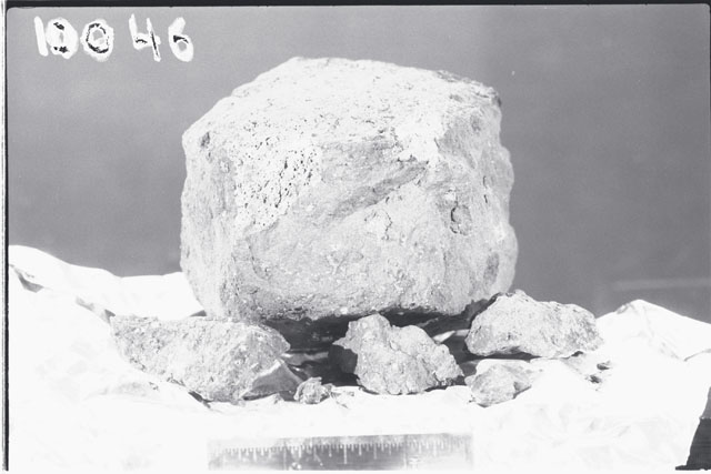 Black and white photograph of Apollo 11 Sample(s) 10046; Processing photograph displaying post chip sample.