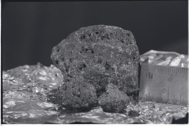 Black and white photograph of Apollo 11 Sample(s) 10050; Processing photograph displaying post chip sample.