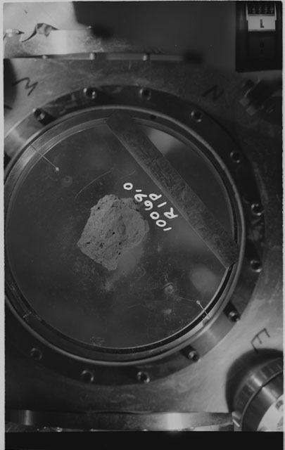 Black and white photograph of Apollo 11 Sample(s) 10069,0; Processing photograph of sample at R1P.