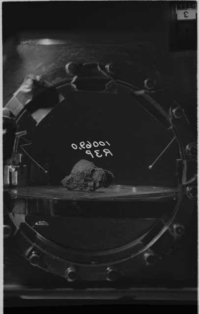 Black and white photograph of Apollo 11 Sample(s) 10069,0; Processing photograph of sample at R3P.