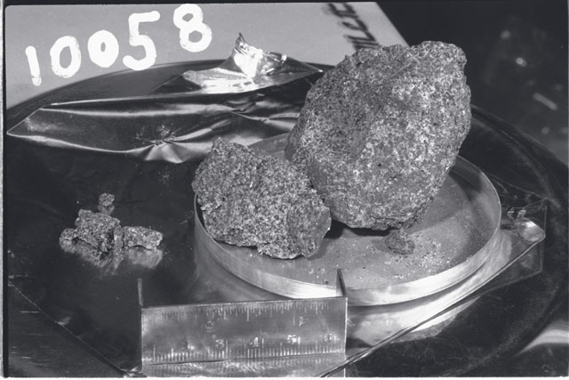 Black and white photograph of Apollo 11 Sample(s) 10058; Processing photograph displaying post chip sample.