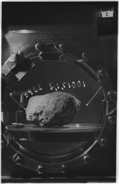 Black and white photograph of Apollo 11 Sample(s) 10017,1,2; Processing photograph in vacuum vault at R3PT with an orientation of N.