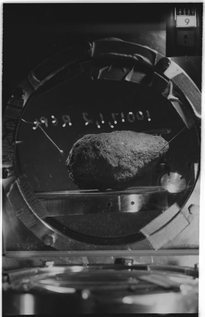 Black and white photograph of Apollo 11 Sample(s) 10017,1,2; Processing photograph in vacuum vault at R6PT with an orientation of E.
