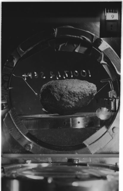 Black and white photograph of Apollo 11 Sample(s) 10017,1,2; Processing photograph in vacuum vault at S6PT with an orientation of E.