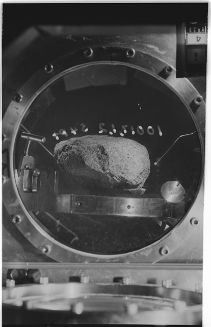 Black and white photograph of Apollo 11 Sample(s) 10017,1,2; Processing photograph in vacuum vault at R4PT with an orientation of S.