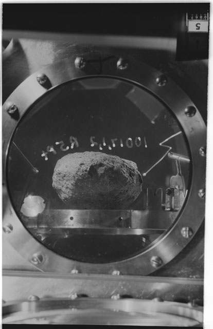 Black and white photograph of Apollo 11 Sample(s) 10017,1,2; Processing photograph in vacuum vault at R5PT with an orientation of W.