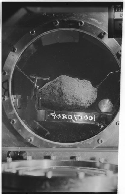 Black and white photograph of Apollo 11 Sample(s) 10017,0; Processing photograph in vacuum vault at R4P with an orientation of N.