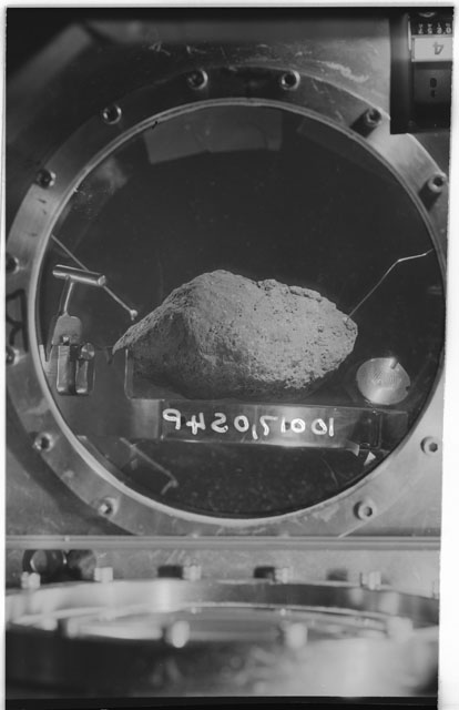 Black and white photograph of Apollo 11 Sample(s) 10017,0; Processing photograph in vacuum vault at S4P with an orientation of N.