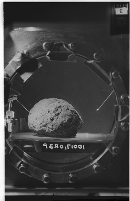 Black and white photograph of Apollo 11 Sample(s) 10017,0; Processing photograph in vacuum vault at R3P with an orientation of E.