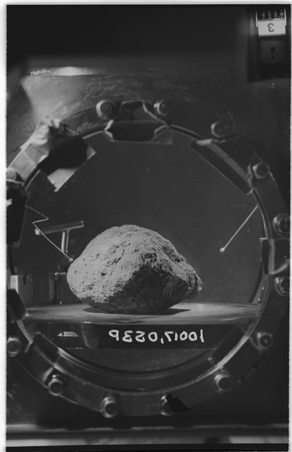 Black and white photograph of Apollo 11 Sample(s) 10017,0; Processing photograph in vacuum vault at S3P with an orientation of E.