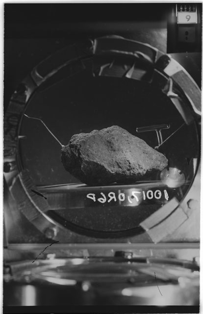 Black and white photograph of Apollo 11 Sample(s) 10017,0; Processing photograph in vacuum vault at R6P with an orientation of S.