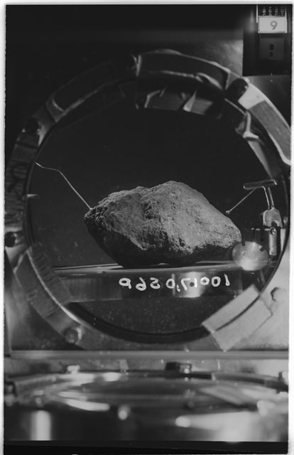 Black and white photograph of Apollo 11 Sample(s) 10017,0; Processing photograph in vacuum vault at S6PT with an orientation of S.
