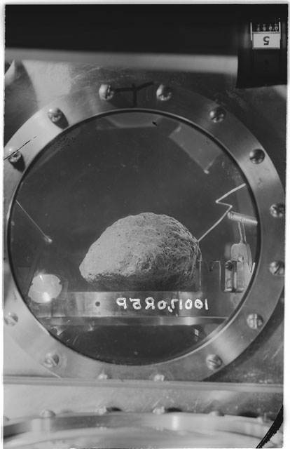 Black and white photograph of Apollo 11 Sample(s) 10017,0; Processing photograph in vacuum vault at R5P with an orientation of W.