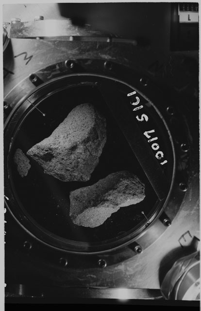 Black and white photograph of Apollo 11 Sample(s) 10017; Processing photograph in vacuum vault at S1C1.