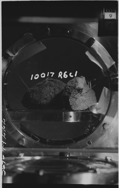 Black and white photograph of Apollo 11 Sample(s) 10017,5,6; Processing photograph in vacuum vault at R6C1.