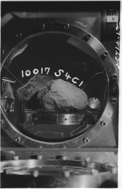 Black and white photograph of Apollo 11 Sample(s) 10017; Processing photograph in vacuum vault at S4C1.