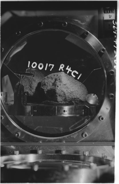 Black and white photograph of Apollo 11 Sample(s) 10017,5,6; Processing photograph in vacuum vault at R4C1.