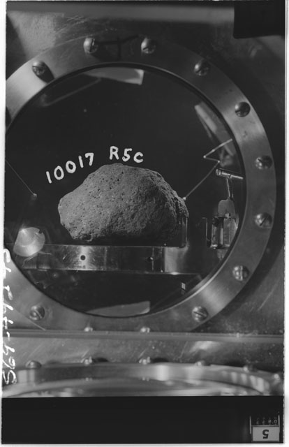 Black and white photograph of Apollo 11 Sample(s) 10017; Processing photograph in vacuum vault at R5C .