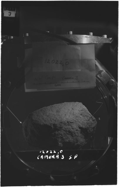Black and white photograph of Apollo 12 Sample(S) 12022,0; Processing photograph using Camera III view S.