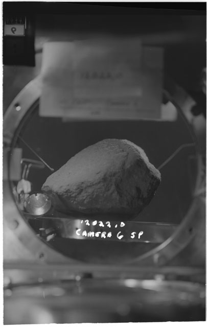 Black and white photograph of Apollo 12 Sample(S) 12022,0; Processing photograph using Camera VI view S.