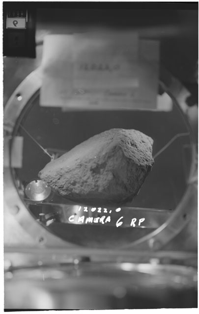 Black and white photograph of Apollo 12 Sample(S) 12022,0; Processing photograph using Camera VI view R.