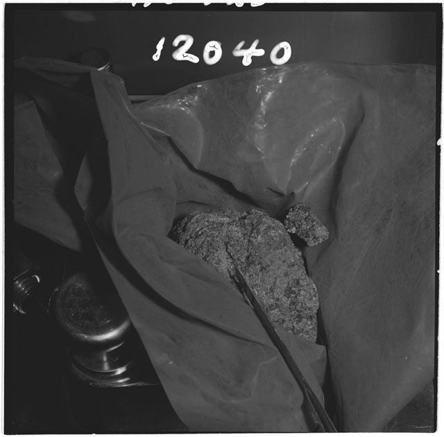 Black and white photograph of Apollo 12 Sample(S) 12040; Processing photograph displaying an post chip sample.