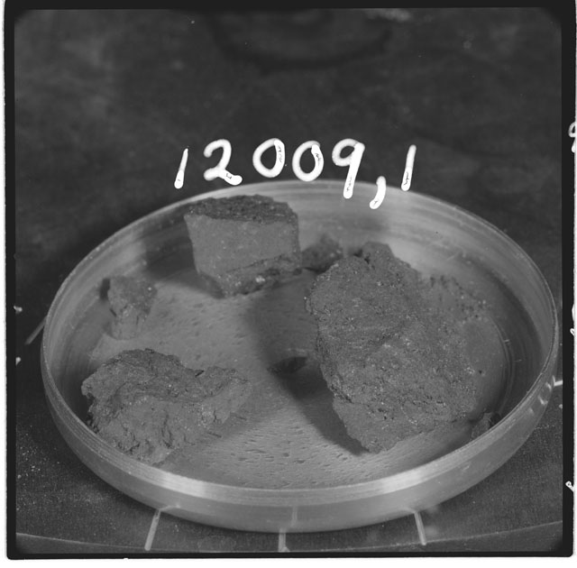 Black and white photograph of Apollo 12 Sample(S) 12009,1; Processing photograph displaying  post chip sample.