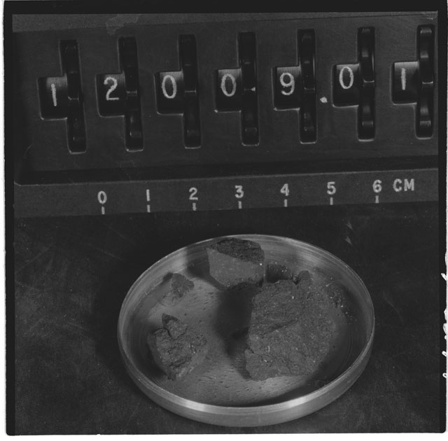 Black and white photograph of Apollo 12 Sample(S) 12009,0; Processing photograph displaying  post chip sample.