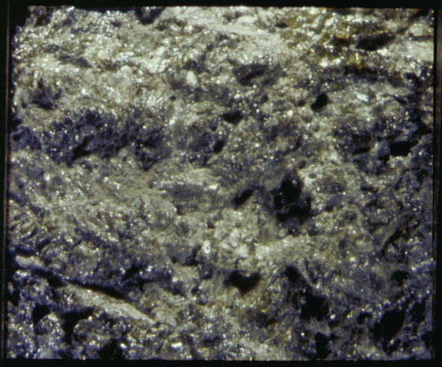 Color photograph of Apollo 12 sample 12021; Processing photograph displaying a close up of the surface.