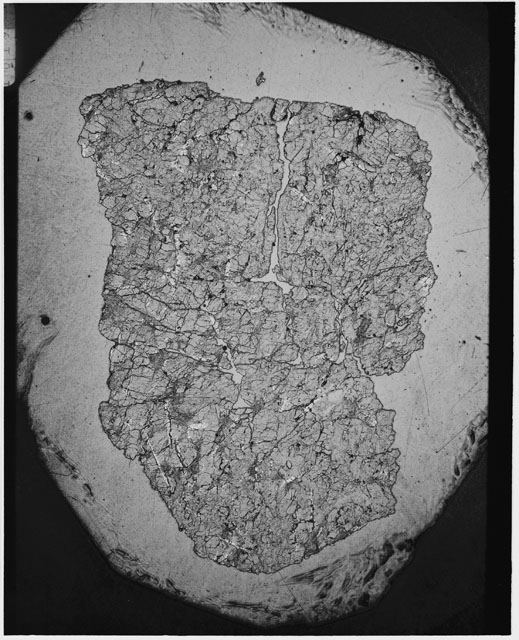 Black and white Thin Section photograph of Apollo 12 Sample(s) 12057,14 using transmitted light.