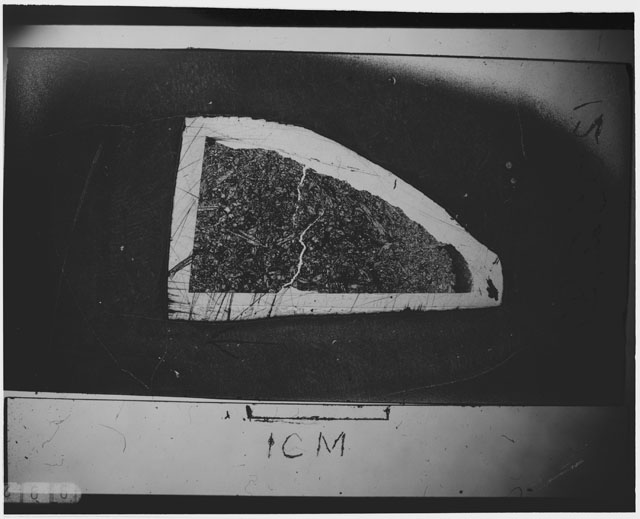 Black and white Thin Section photograph of Apollo 12 Sample(s) 12052,89 using cross nichols light.