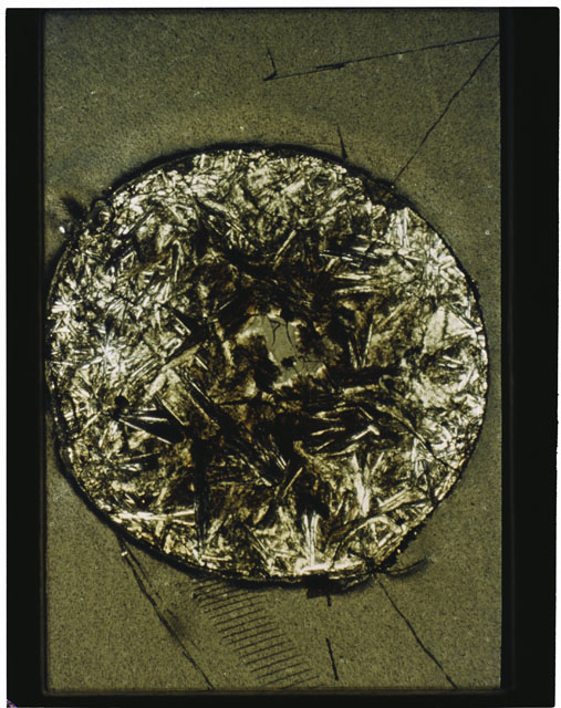 Color photograph of Apollo 11 Sample(s) 10085,76; Thin Section photograph using cross nichols light.