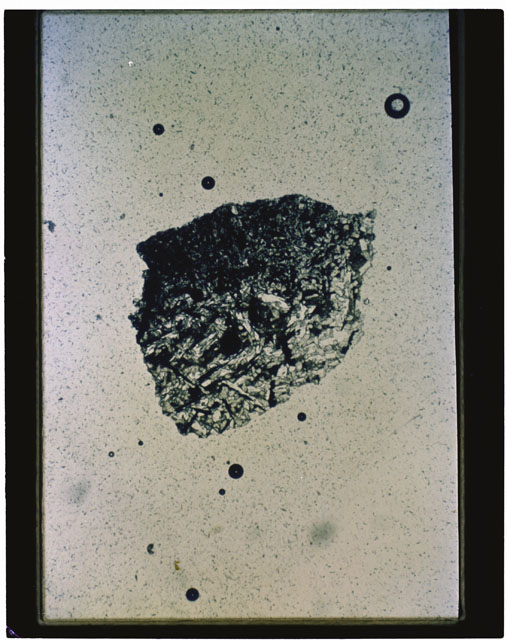 Color photograph of Apollo 11 Sample(s) 10085,73; Thin Section photograph using cross nichols light.