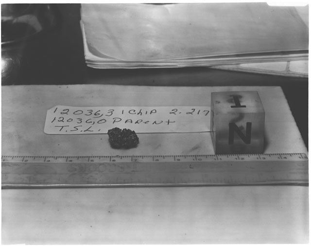Black and white photograph of Apollo 12 Sample(S) 12036,3; Processing photograph displaying a chip sample with an orientation of T,N.