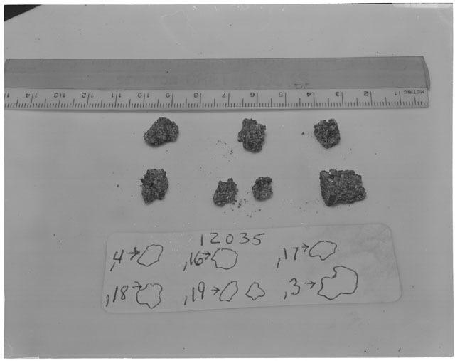 Black and white photograph of Apollo 12 Sample(S) 12035,3,4,16-19; Processing photograph displaying a post chip group.