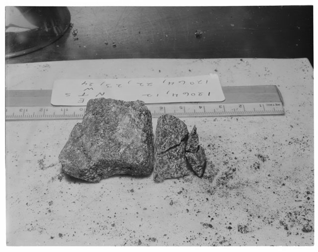 Black and white photograph of Apollo 12 Sample(S) 12064,12,22-24; Processing photograph displaying the orientation of a reconstruction.