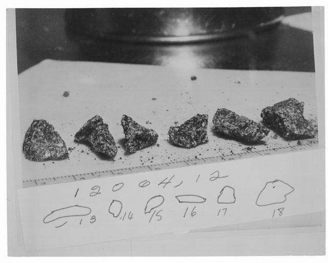 Black and white photograph of Apollo 12 Sample(S) 12064,12-18; Processing photograph displaying a chip group.