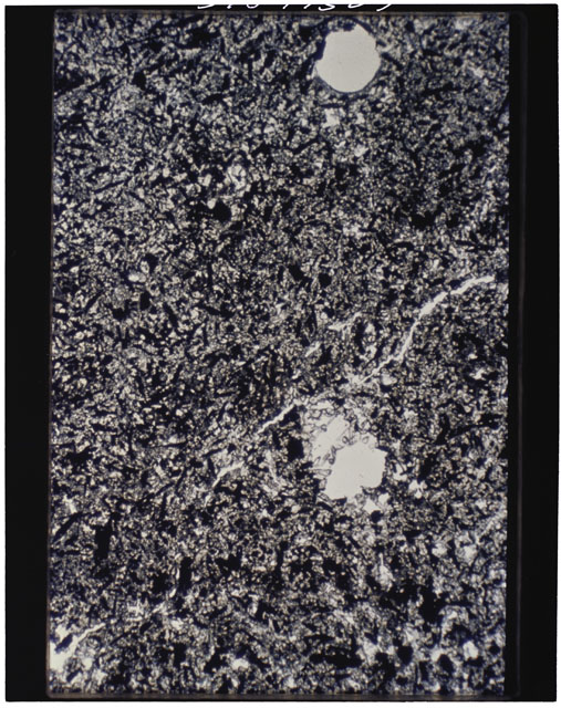 Color photograph of Apollo 11 Sample(s) 10069; Thin Section E photograph using transmitted light.