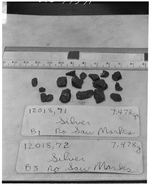 Black and white photograph of Apollo 12 Sample(S) 12018,71,72; Processing photograph displaying group  of chips.