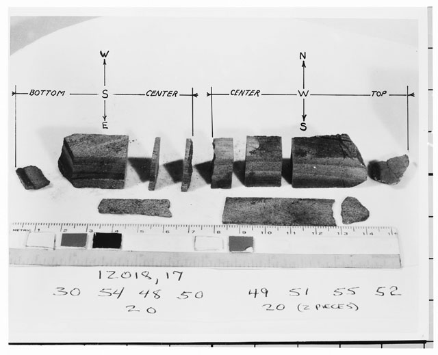 Black and white photograph of Apollo 12 Sample(S) 1201817,20,30,48-52,54,55; Processing photograph displaying group  of slabs.
