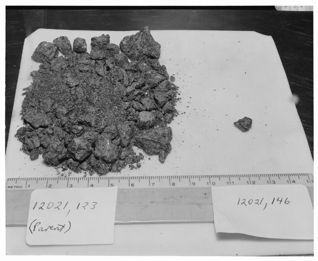 Black and white photograph of Apollo 12 Sample(S) 12021,123,146; Processing photograph displaying chips and fines group.