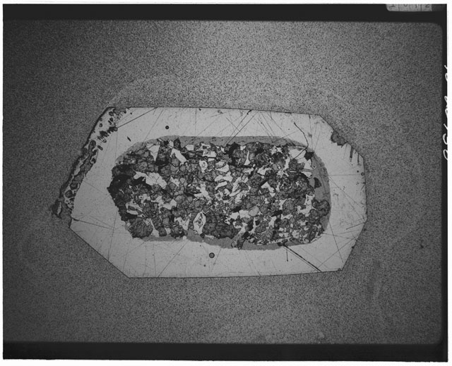 Black and white Thin Section photograph of Apollo 12 Sample(s) 12040,2 using cross nichols light.